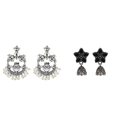 Carved Charm Dangler earrings (White) Beauty Bloom ghunghroo jhumki earring (Black) Combo set