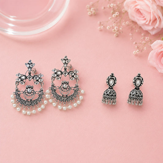 Carved Charm Dangler earrings (White) Jharokha stone studded jhumki earring (White) Combo set