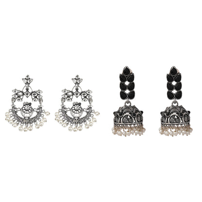 Carved Charm Dangler earrings (White) Leaf Cascade jhumki earrings (Black) Combo set