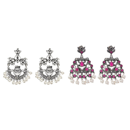 Carved Charm Dangler earrings (White) Peacock glow stone studded dangler earrings (Red) Combo set