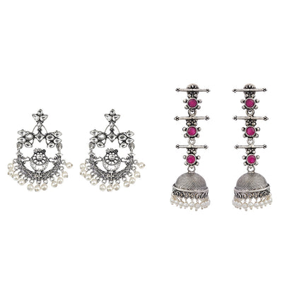 Carved Charm Dangler earrings (White) Royal Triple Bell Layered Jhumka Earring (Red) Combo set