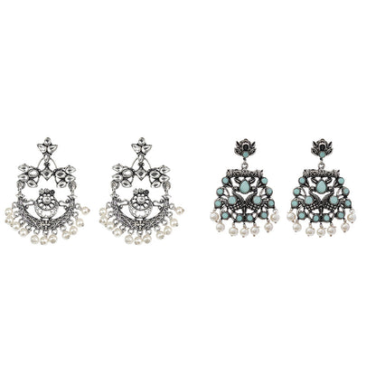 Carved Charm Dangler earrings (White) Peacock glow stone studded dangler earrings (Mint) Combo set