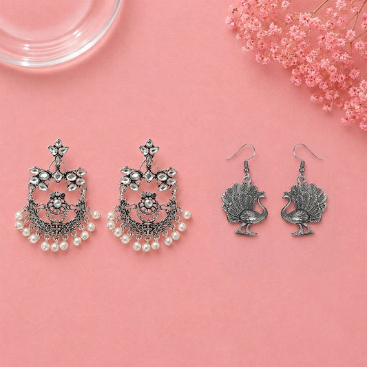 Carved Charm Dangler earrings (White) Morni jhumki dangler earrings (Silver) Combo set