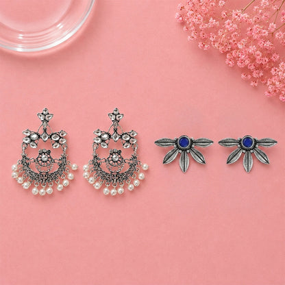 Carved Charm Dangler earrings (White) Crescent Bloom Oxidised Studs - Blue Combo set