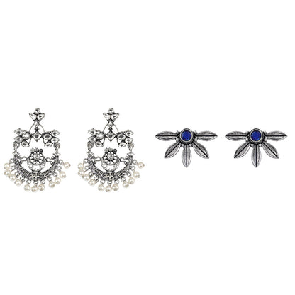 Carved Charm Dangler earrings (White) Crescent Bloom Oxidised Studs - Blue Combo set