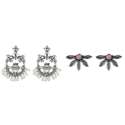 Carved Charm Dangler earrings (White) Crescent Bloom Oxidised Studs - Light Orange Combo set