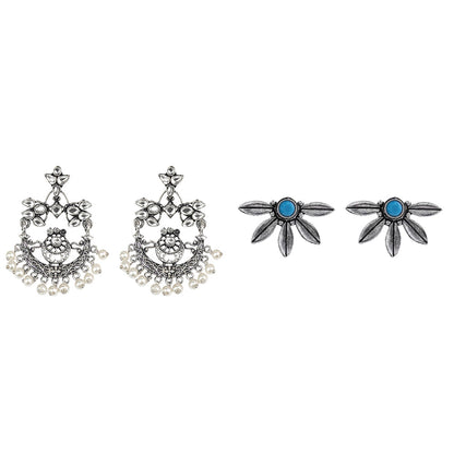 Carved Charm Dangler earrings (White) Crescent Bloom Oxidised Studs - Sky Blue Combo set