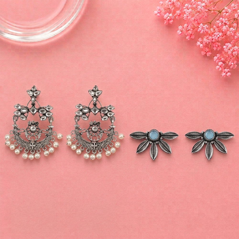 Carved Charm Dangler earrings (White) Crescent Bloom Oxidised Studs - Mint Combo set