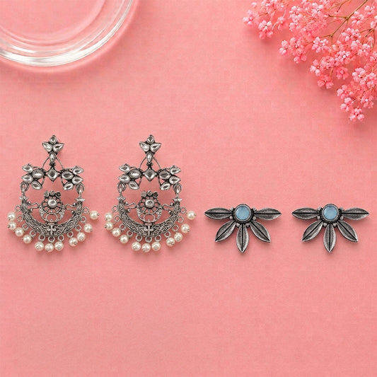 Carved Charm Dangler earrings (White) Crescent Bloom Oxidised Studs - Mint Combo set