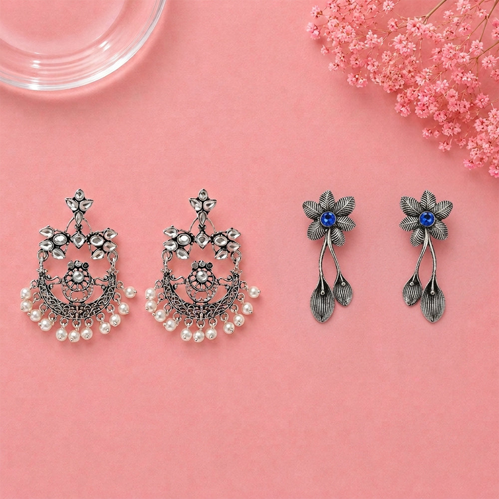 Carved Charm Dangler earrings (White) Bud Flower oxidized stud earrings (Blue) Combo set