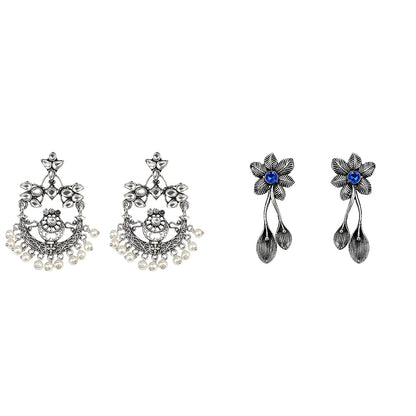 Carved Charm Dangler earrings (White) Bud Flower oxidized stud earrings (Blue) Combo set
