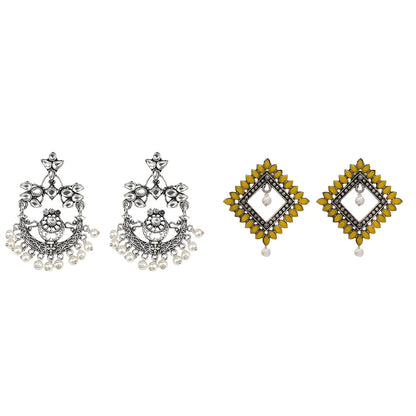 Carved Charm Dangler earrings (White) Sass Stone stud earrings (Yellow) Combo set