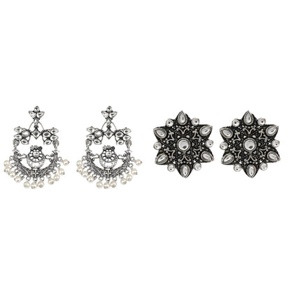 Carved Charm Dangler earrings (White) flower-alpana stud earrings (White) Combo set