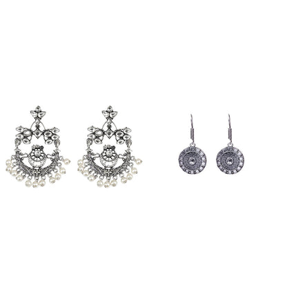 Carved Charm Dangler earrings (White) Sunrise Shaped Silver Polished Oxidised Danglers Combo set
