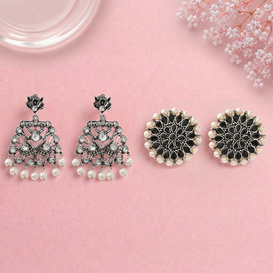 Peacock glow stone studded dangler earrings (White) Desi Diva stud earring (Black) Combo set