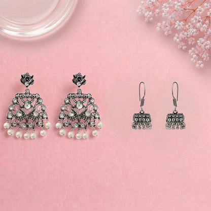 Peacock glow stone studded dangler earrings (White) Tiny Twinkle jhumki earring (Silver) Combo set