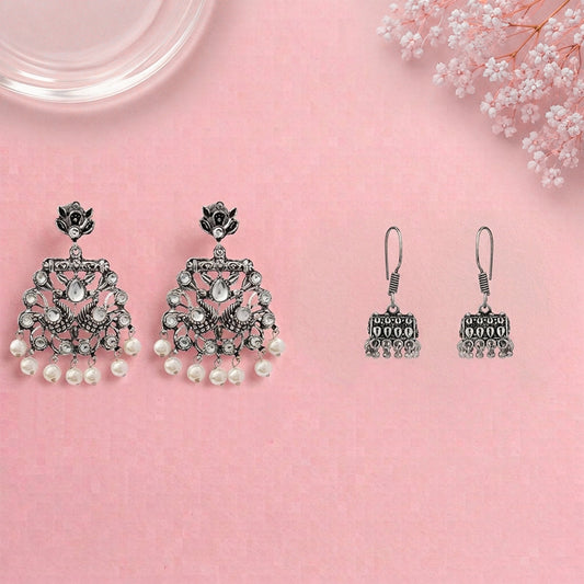 Peacock glow stone studded dangler earrings (White) Tiny Twinkle jhumki earring (Silver) Combo set