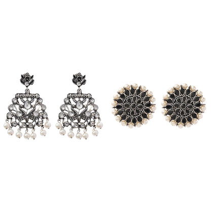 Peacock glow stone studded dangler earrings (White) Desi Diva stud earring (Black) Combo set