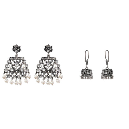 Peacock glow stone studded dangler earrings (White) Tiny Twinkle jhumki earring (Silver) Combo set