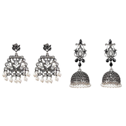 Peacock glow stone studded dangler earrings (White) Kalash Kamal earring (Black) Combo set