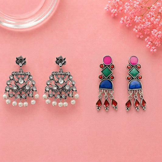 Peacock glow stone studded dangler earrings (White) Rainbow rhine dangler earrings (Multicolored) Combo set