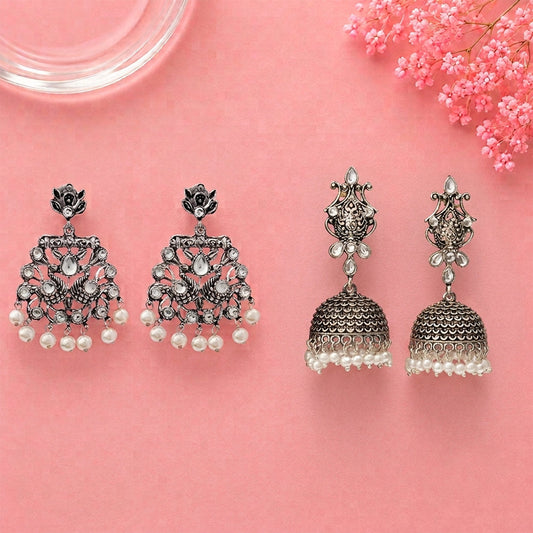 Peacock glow stone studded dangler earrings (White) Kalash Kamal earring (White) Combo set