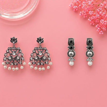 Peacock glow stone studded dangler earrings (White) Wonderful wildflower oxidised stud earrings (Black) Combo set