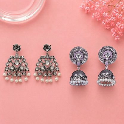Peacock glow stone studded dangler earrings (White) Evergreen earrings (Baby Pink) Combo set