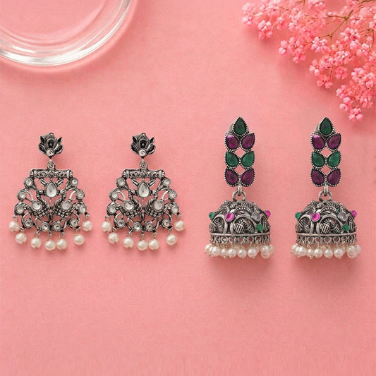 Peacock glow stone studded dangler earrings (White) Leaf Cascade jhumki earrings (Multicolored) Combo set