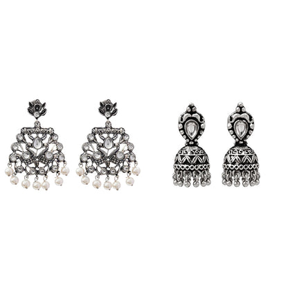 Peacock glow stone studded dangler earrings (White) Jharokha stone studded jhumki earring (White) Combo set
