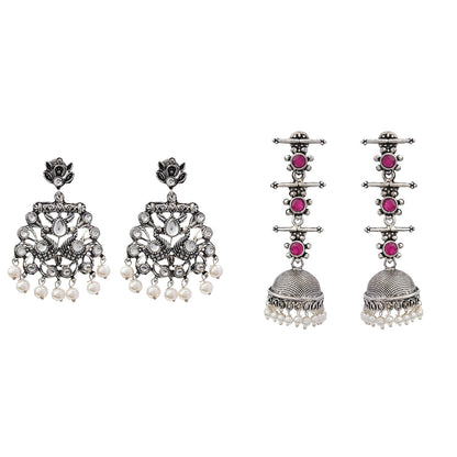 Peacock glow stone studded dangler earrings (White) Royal Triple Bell Layered Jhumka Earring (Red) Combo set