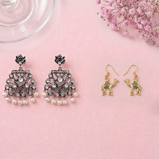 Peacock glow stone studded dangler earrings & Camel dangler earrings Combo set