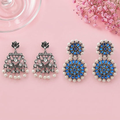 Peacock glow stone studded dangler & Double boho floral dangler Combo set