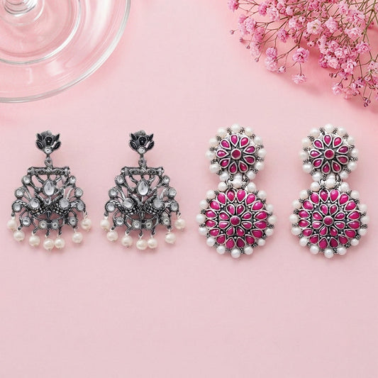 Peacock glow stone studded dangler & Double boho floral dangler Combo set