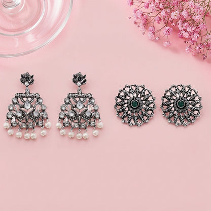 Peacock glow stone studded dangler & Wildflower oxidised stud Combo set