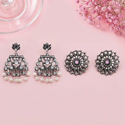 Peacock glow stone studded dangler & Wildflower oxidised stud Combo set