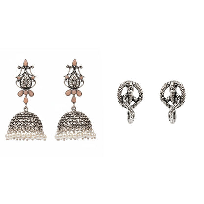 Kalash Kamal earring  Swirly snake oxidised stud earrings (Silver) Combo set