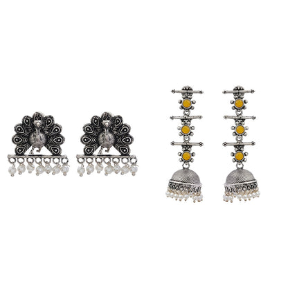 Royal Triple Bell Layered Jhumka Earring (Yellow) Meena Manjari stone stud earrings (Silver) Combo set