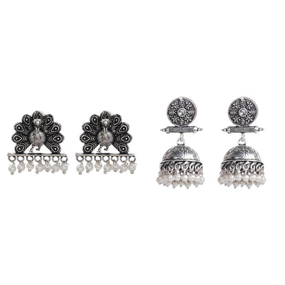Charmbell earrings (White) Meena Manjari stone stud earrings (Silver) Combo set