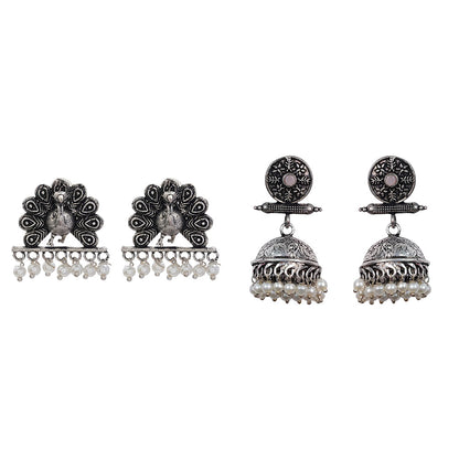 Charmbell earrings (Light Orange) Meena Manjari stone stud earrings (Silver) Combo set