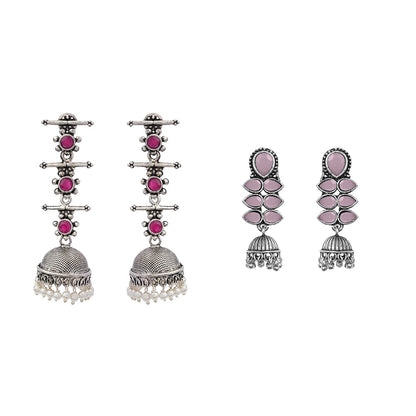 Royal Triple Bell Layered Jhumka Earring (Red) Dazzle Dash Jhumki earring (Baby Pink) Combo set
