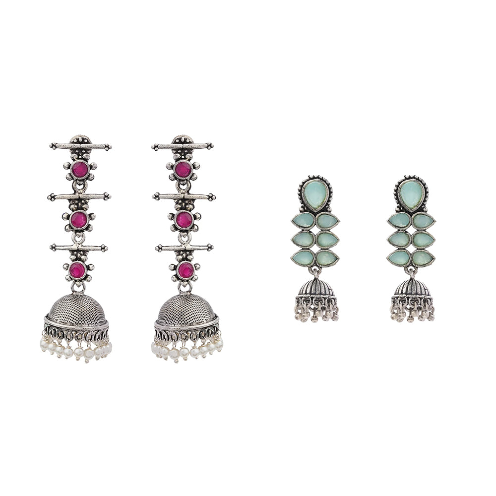 Royal Triple Bell Layered Jhumka Earring (Red) Dazzle Dash Jhumki earring (Mint) Combo set