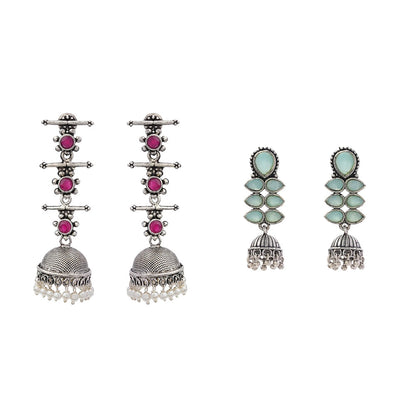 Royal Triple Bell Layered Jhumka Earring (Red) Dazzle Dash Jhumki earring (Mint) Combo set