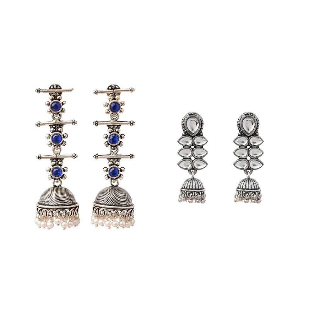 Royal Triple Bell Layered Jhumka Earring (Blue) Dazzle Dash Jhumki earring (White) Combo set
