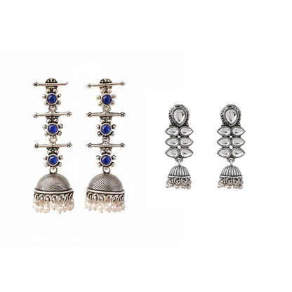 Royal Triple Bell Layered Jhumka Earring (Blue) Dazzle Dash Jhumki earring (White) Combo set