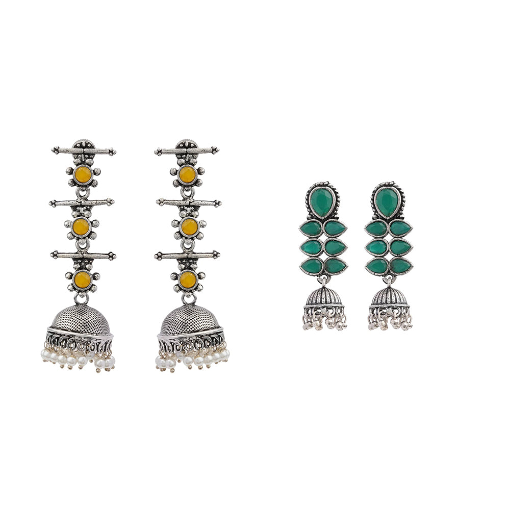 Royal Triple Bell Layered Jhumka Earring (Yellow) Dazzle Dash Jhumki earring (Green) Combo set