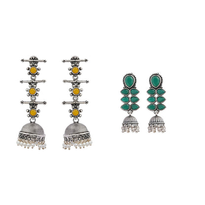 Royal Triple Bell Layered Jhumka Earring (Yellow) Dazzle Dash Jhumki earring (Green) Combo set