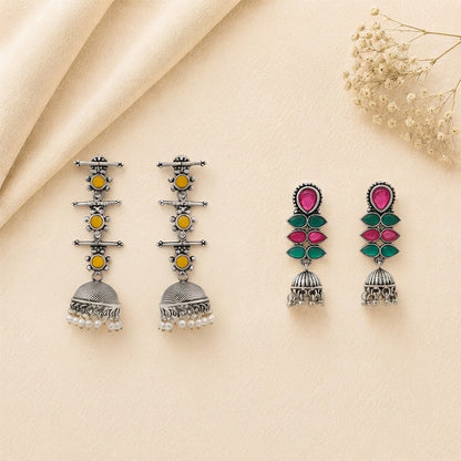 Royal Triple Bell Layered Jhumka Earring (Yellow) Dazzle Dash Jhumki earring (Multicolored) Combo set