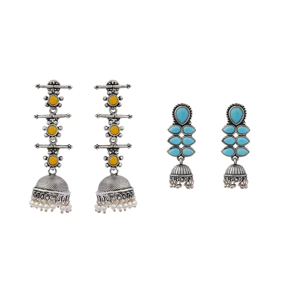 Royal Triple Bell Layered Jhumka Earring (Yellow) Dazzle Dash Jhumki earring (Sky Blue) Combo set
