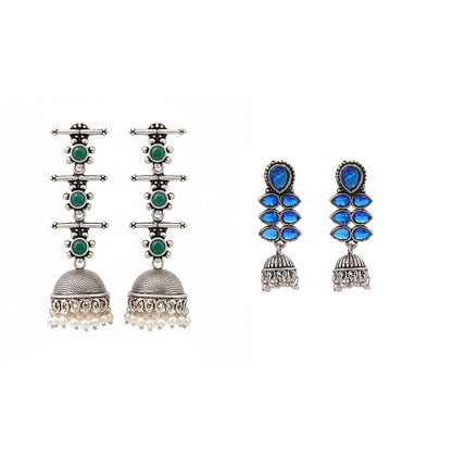 Royal Triple Bell Layered Earring (Green) Dazzle Dash Jhumki earring (Blue) Combo set